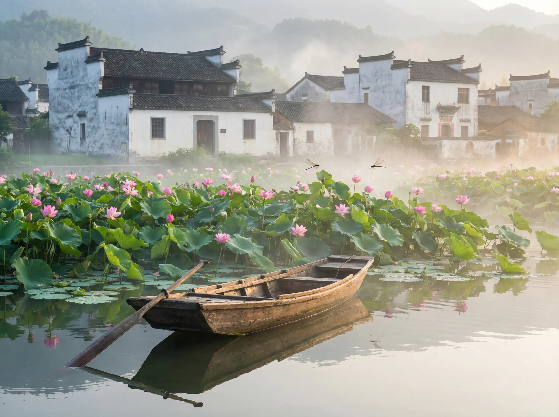 清晨荷塘小舟，粉色荷花盛开，白墙黑瓦的村庄 - 中出图 水乡风情